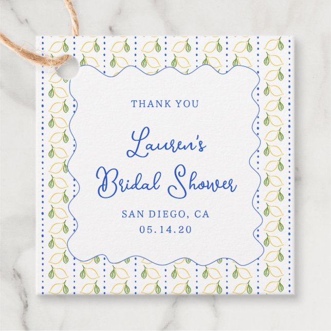 Citron Citrus Blå & Gul Bröllopskalas Tacksam Gåvor Etiketter (Framsida)