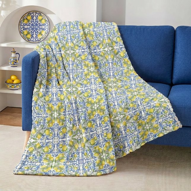 Citron Citrus Blå Medelhavs Kakel Mönster Fleecefilt (Lemon Citrus Blue Mediterranean Tile Pattern Fleece Blanket )