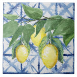 Citron Citrus Foliage Blue White Mönster Kakelplatta<br><div class="desc">"Citrus Citrus Foliage Blue White Mönster Watercolor ceramic tile tile."  Moderna,  ursprungliga teckningar i vattenfärgsfärger har citroner som hänger på en gren med löv bladgrönt över en blå och vit shibori slips-mönster.  Skapat av internationellt licensierad konstnär och formgivare,  Audrey Jeanne Roberts,  upphovsrätt.</div>