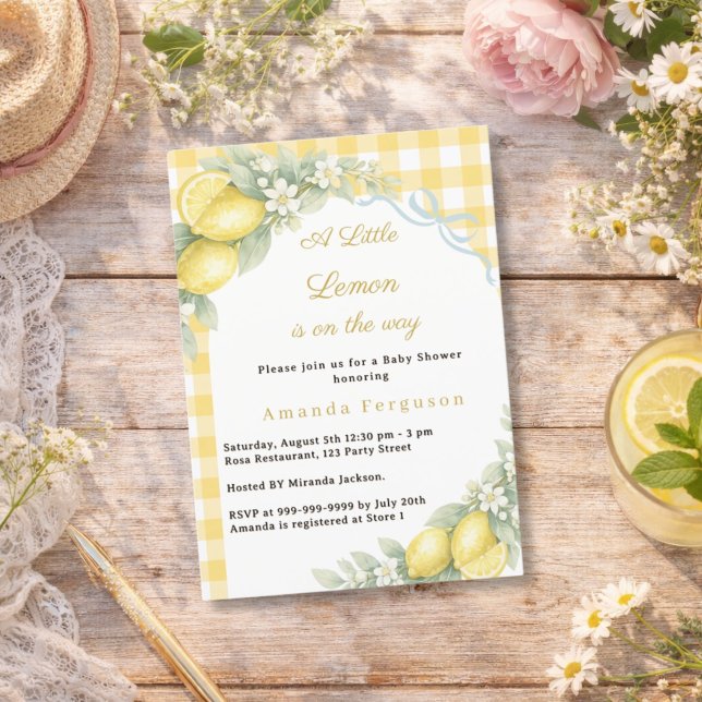 Citron citrus gingham blå rosett pojke Baby Shower Inbjudningar (Skapare uppladdad)