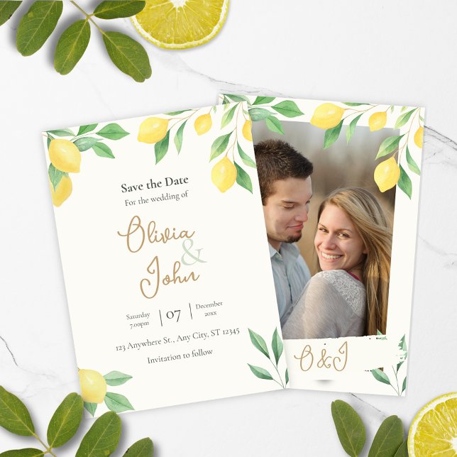 Citron Citrus Grönska Spara datum Foto Baksida Inbjudningar (Save the Date Citrus Green Wedding Card)