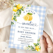 Citron Citrus Gul Bebis Shower Pojke Blå Gingham