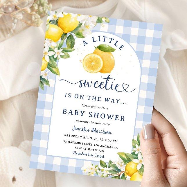 Citron Citrus Gul Bebis Shower Pojke Blå Gingham Inbjudningar (Skapare uppladdad)