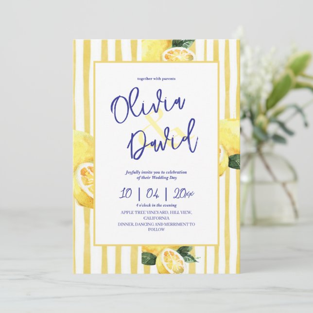 Citron Citrus Italien Gul Randig Bröllop Inbjudningar (Stående Fram)