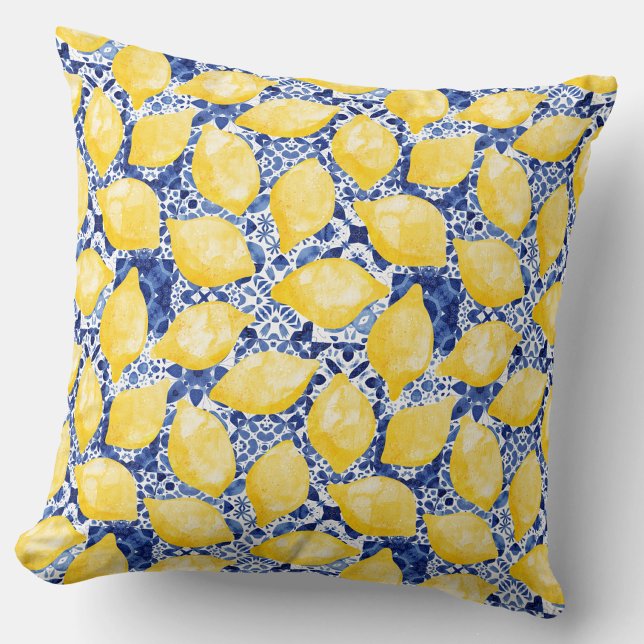 Citron Citrus Medelhavet Blå Vit Kakelmönster Kudde (Lemon and blue tile pattern Mediterranean citrus throw pillow)