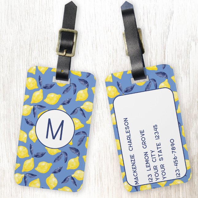 Citron Citrus Medelhavsmonogram Bagagebricka (Blue and yellow personalized monogram initial Mediterranean citrus lemon fruit luggage tag)