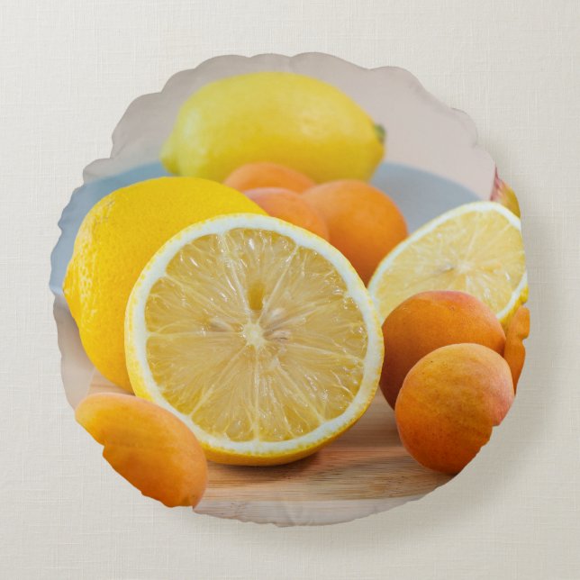 Citron Citrus Och Aprikoser Frukt Mat Fotografi Rund Kudde (Framsidan)