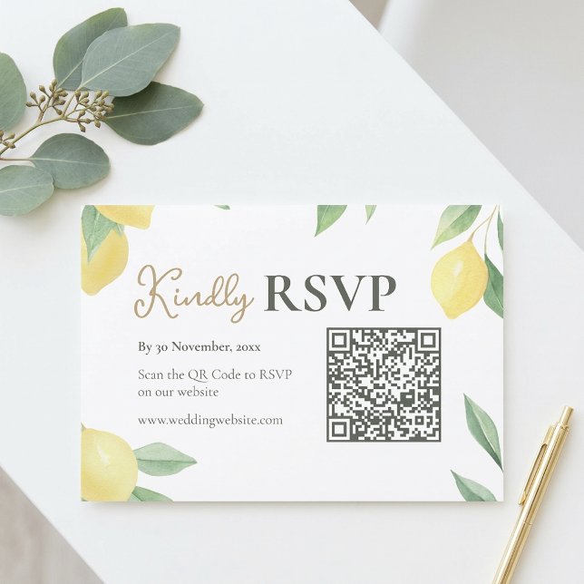 Citron Citrus QR-kod Bröllops-Svarskort OSA Kort (Lemon Citrus QR Code Wedding RSVP Card)