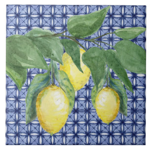 Citron Citrus Watercolor Foliage Mönster Navy Blue Kakelplatta