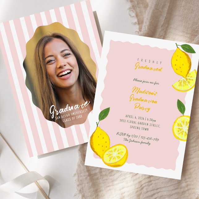 Citron Examensfest Rosa Citrus Inbjudningar (Lemon Graduation Party Pink Citrus Invitation)