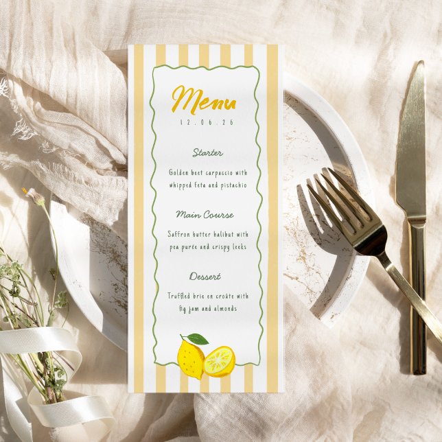 Citron Examensmeny Kort Gul Rand Citrus (Lemon Graduation Menu Card Yellow Stripe Citrus)