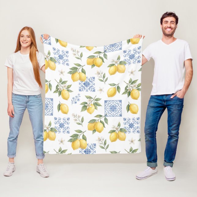 Citron fransk lanstil kakel mönster gul blå  fleecefilt (På plats)