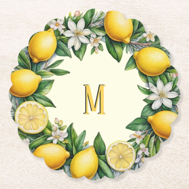 Citron Frukt Blommor Färska Citrus Monogram Underlägg Papper (Framsida)
