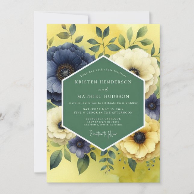 Citron Indigo Bloom Wedding Inbjudningar (Framsida)