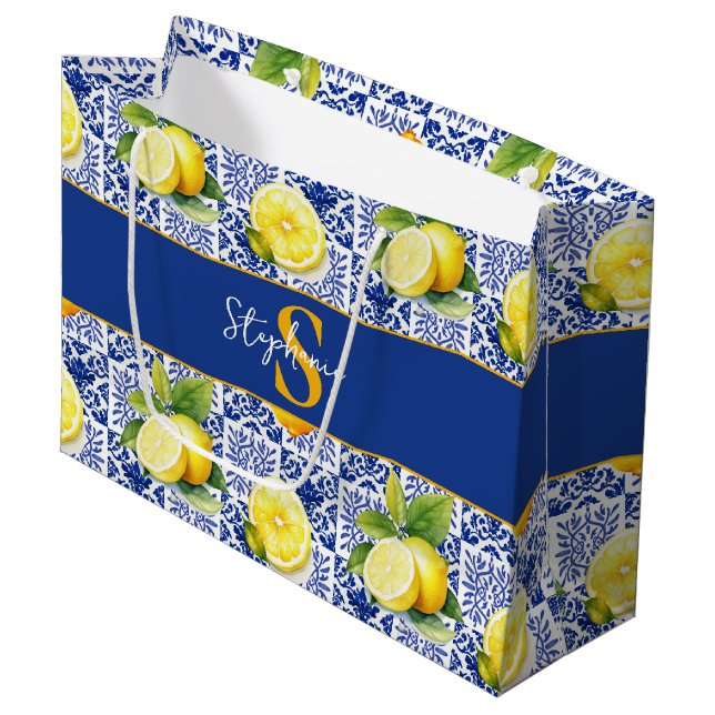 Citron Kakel Blå Vit Mönster Monogram Namn Citrus (Framsidan Vinklad)