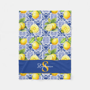 Citron Kakel Blå Vit Mönster Namn Monogram Citrus Fleecefilt