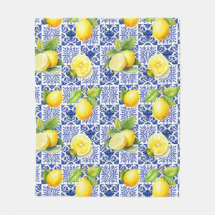 Citron Kakel Mönster Blå Vit Medelhavet Citrus Fleecefilt