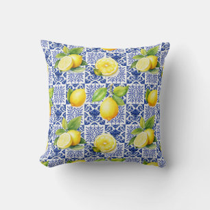Citron Kakel Mönster Blå Vit Medelhavet Citrus Kudde