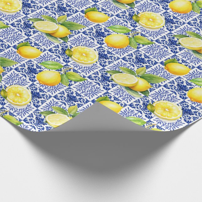 Citron Kakel Mönster Blå Vit Medelhavet Citrus Presentpapper (Hörn)