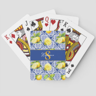Citron Kakelmönster Blå Vit Citrus Monogram Namn Casinokort