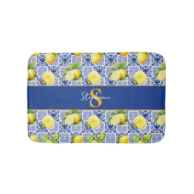 Citron Kakelmönster Blå Vit Namn Monogram Citrus Badrumsmatta (Framsidan)