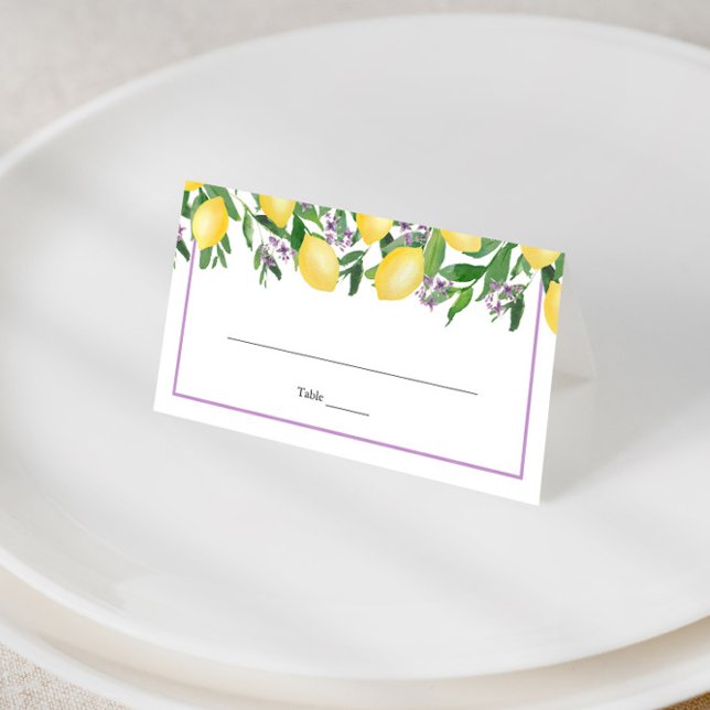 Citron Lavendel Gul Bröllopsfest Platskort Placeringskort (Simple lemons with lavender blossoms and purple accents wedding shower place cards)