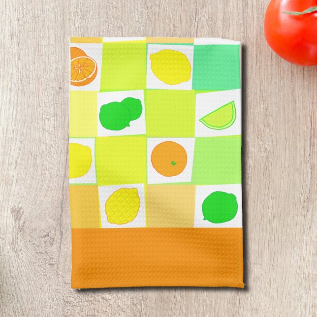Citron, Lime och Apelsin Citrusskiva Orange Kant Kökshandduk (Citrus slices pattern retro kitchen towel by MomsRetro)