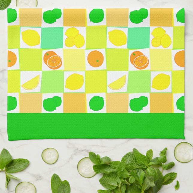 Citron Lime och Apelsinmönster Grön Kant Kökshandduk (Vikta)