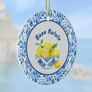 Citron Medelhavet God Jul Azulejo Blå Toile Julgransprydnad Keramik