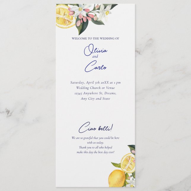 Citron Medelhavs Ceremoni Bröllop Program (Framsida)