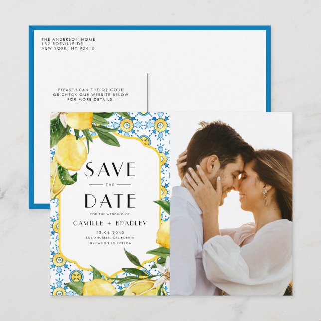 Citron Medelhavs QR-kod Foto Spara datumet Meddelande Vykort (Fram/baksida)