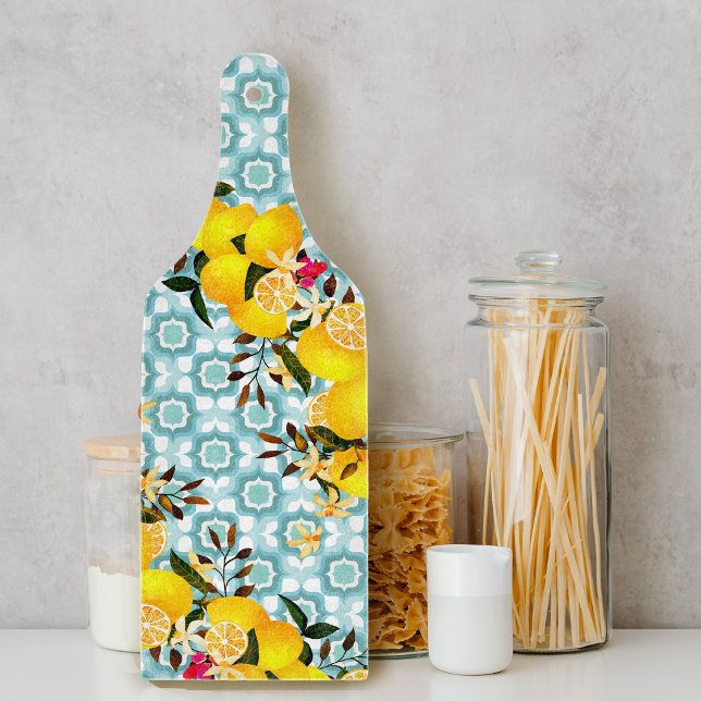 Citron Medelhavsplattor Blå (Lemon Mediterranean Tiles Blue Cutting Board)