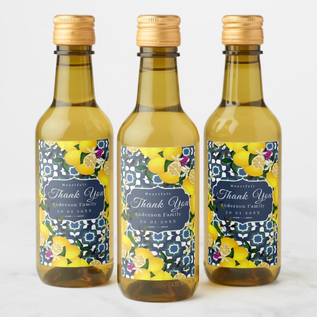 Citron Medelhavsplattor  Marinblå Vit Vinetikett (Flaskor)