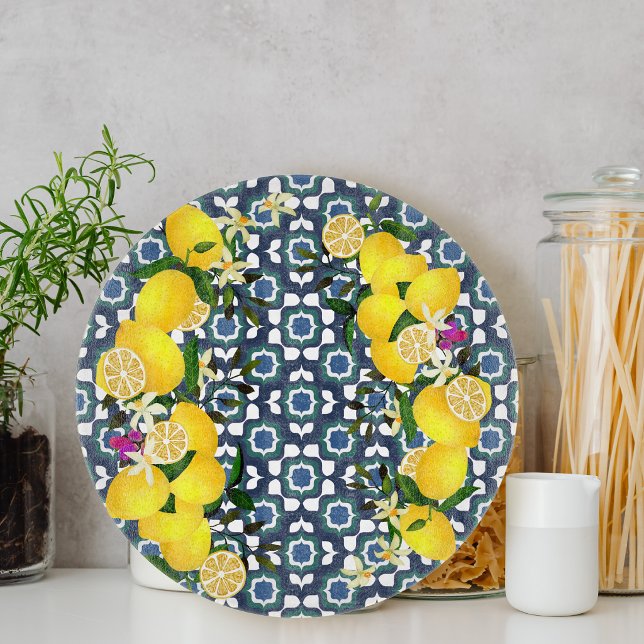 Citron Medelhavsplattor Navy (Lemon Mediterranean Tiles Navy Cutting Board)