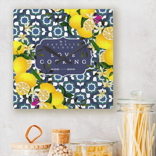 Citron Medelhavsplattor Navy Fyrkantig Klocka (Lemon Mediterranean Tiles Navy Square Wall Clock)