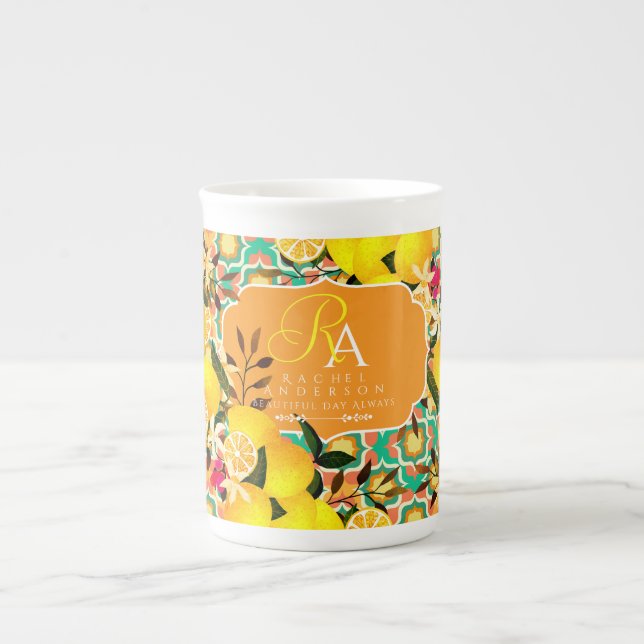 Citron Medelhavsplattor Orange Grön Benporslin Mugg (Framsidan)