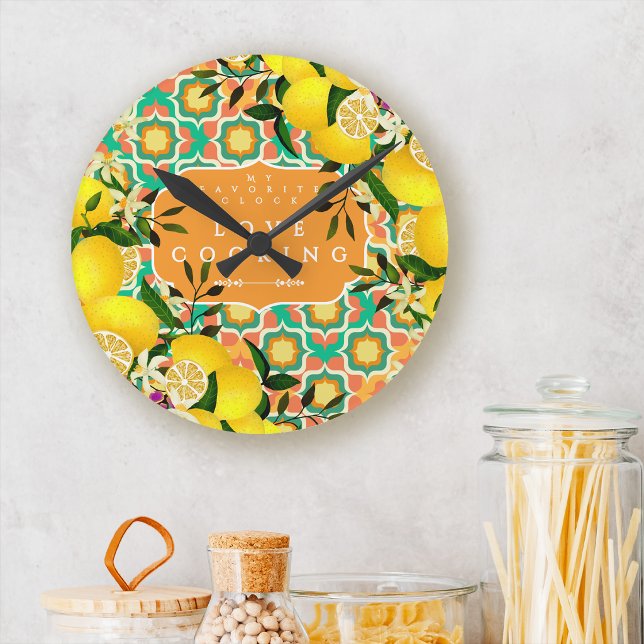 Citron Medelhavsplattor Orange Rund Klocka (Lemon Mediterranean Tiles Orange Round Clock)