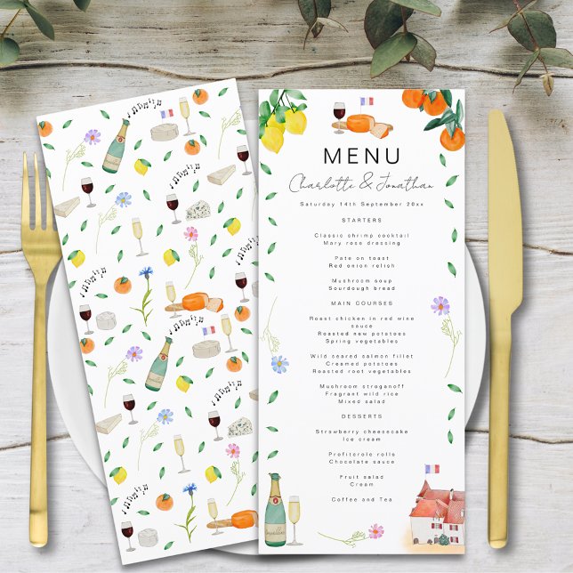 Citron och apelsin Fransk Boho Citrus Bröllop Meny (Lemon and orange french chateau citrus boho wedding menu watercolor )