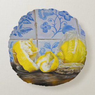 Citron och Azulejos — Klassisk blå och gul stilleb Rund Kudde