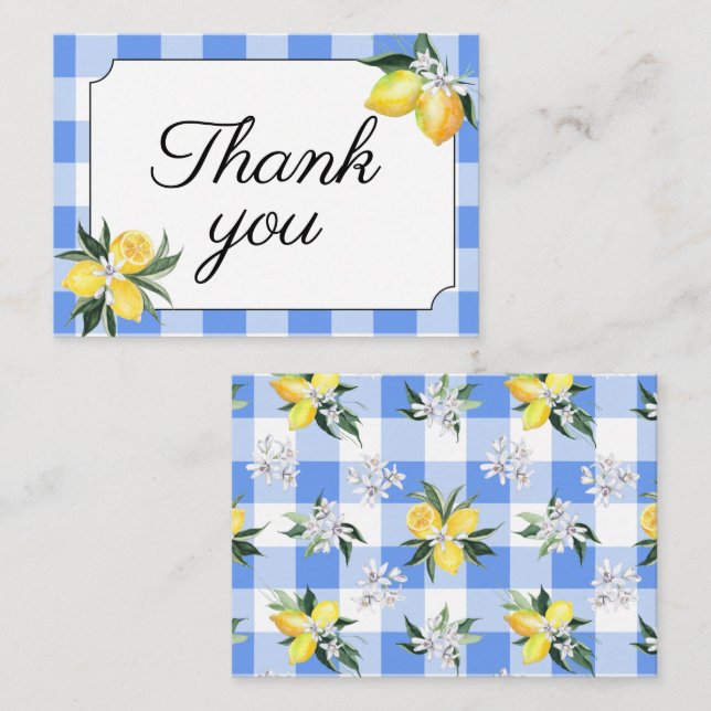Citron- och blå Gingham Tack-kort Anteckningskort (Fram/baksida)