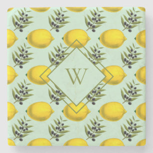 Citron- och olivmönster gult och blått monogram stenunderlägg