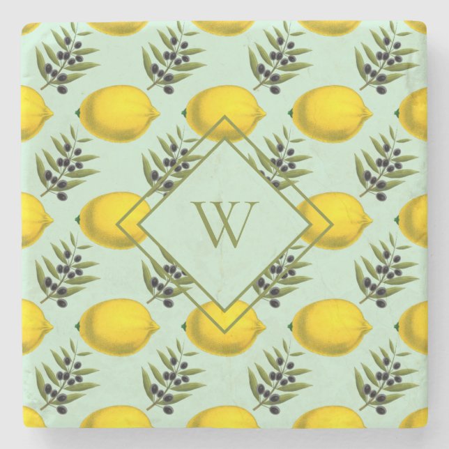 Citron- och olivmönster gult och blått monogram stenunderlägg (Framsidan)