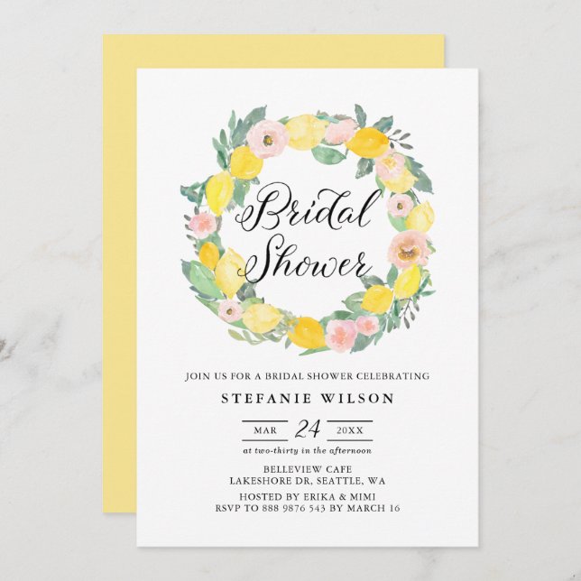 Citron och rosa rosenkrans bröllopsfestinbjudan (Fram/baksida)