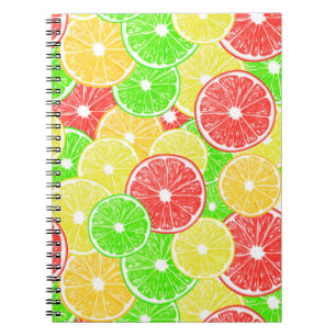 Citron, orange, grapefrukt och kalkskivor mönster anteckningsbok med spiral