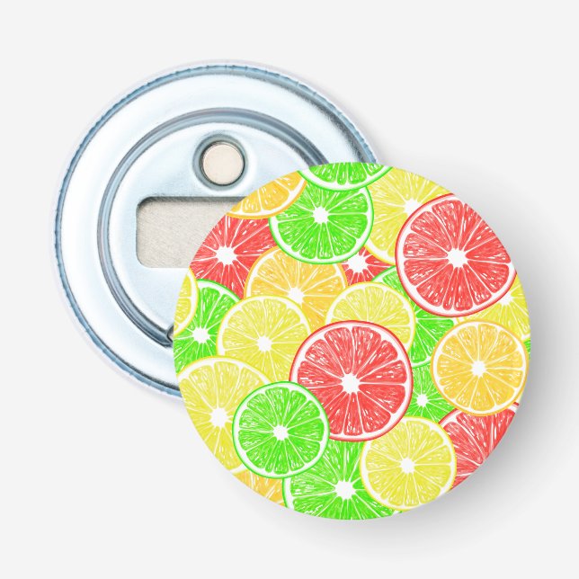 Citron, orange, grapefrukt och kalkskivor mönster flasköppnare (Framsidan)