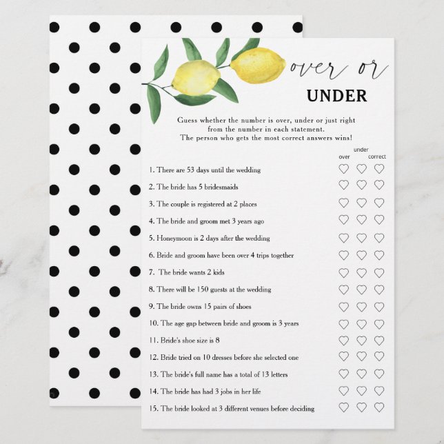 Citron - Över eller under bröllopsduschspel (Fram/baksida)