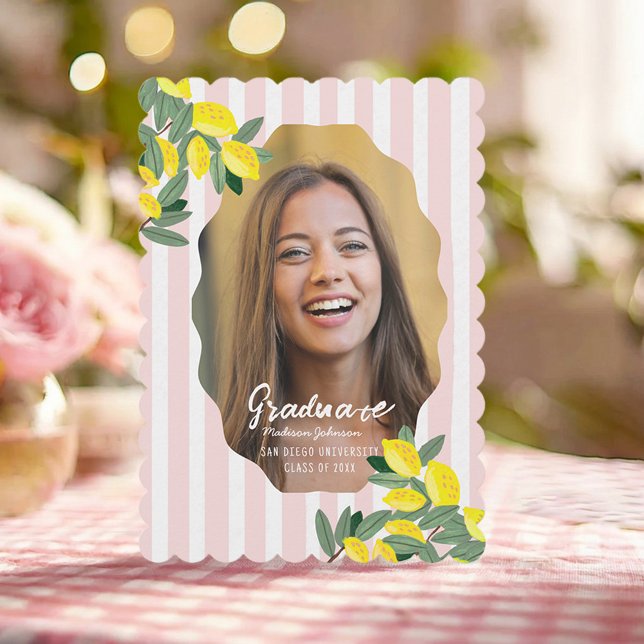 Citron Rosa Citrus Examen Foto Annonsering Inbjudningar (Lemon Pink Citrus Graduation Photo Announcement)