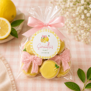 Citron rosa rosett gingham runt klistermärke