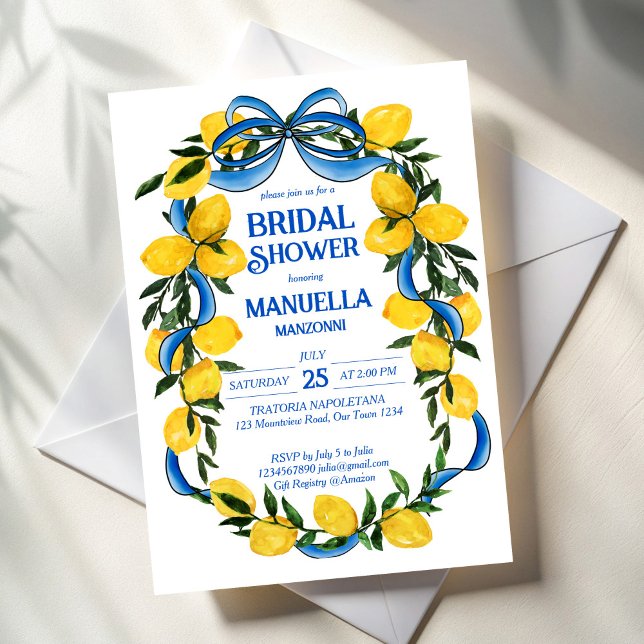 Citronblåborrband, möhippa inbjudningar (Lemons blue bow ribbon coquette Italian summer bridal shower invitation template instant download)