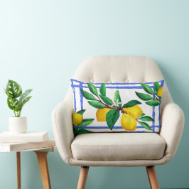 Citronblad Citrus Gult Grönt Blad Blått Gitter Lumbarkudde